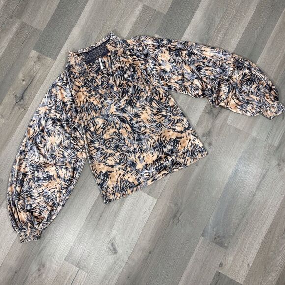Free People Go Get Em Crushed Velvet Balloon Sleeve Blouse Tan Blue Small - Picture 15 of 15